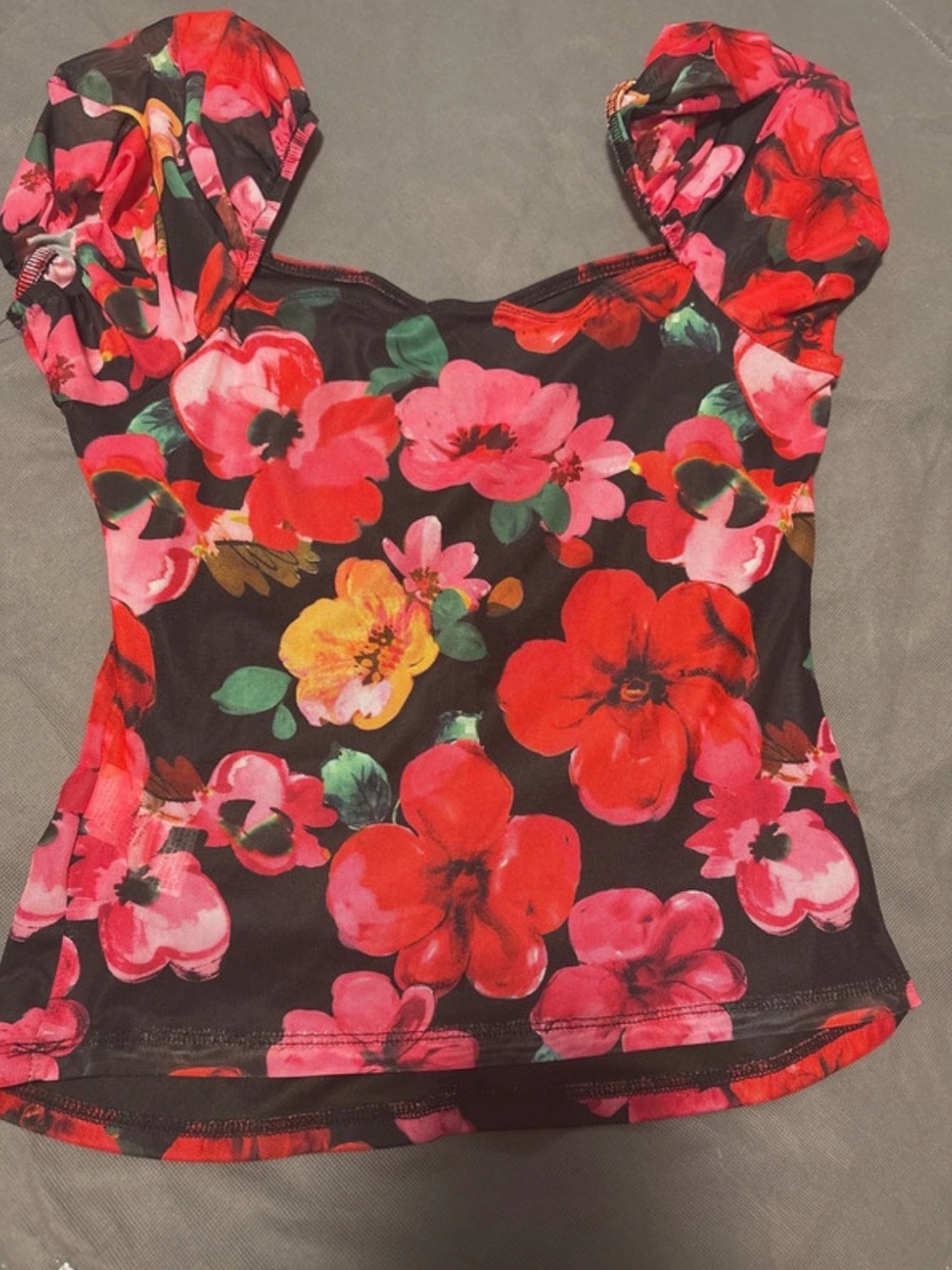 SHEIN Black Crop Top with Red, Pink & Yellow Floral Print